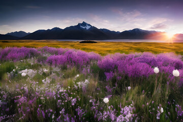 Naklejka premium lavender field at sunset