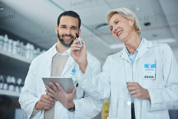 Science, coaching and woman with man brainstorming, writing on glass in lab with innovation and...