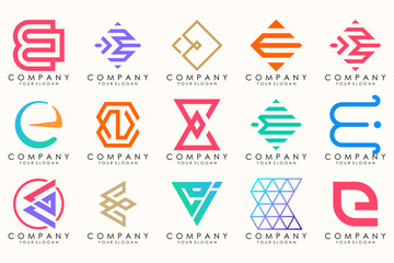 Abstract logos mega collection with letters E. Geometrical abstract logos