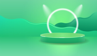 Empty podium abstract background with glowing neon circles for product display advertisement. Minimalist podium backdrop with a bright light green theme like nature and the environment.