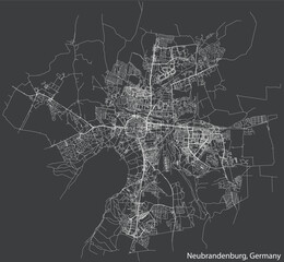 Detailed negative navigation white lines urban street roads map of the German town of NEUBRANDENBURG, GERMANY on dark gray background
