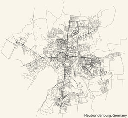 Detailed navigation black lines urban street roads map of the German town of NEUBRANDENBURG, GERMANY on vintage beige background