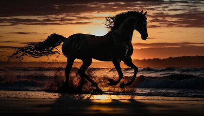 Obraz na płótnie Canvas Silhouette of Black Knight's Horse at Sunset on the Beach