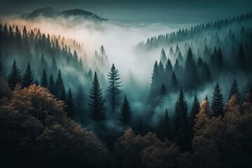 Fototapeta A forest covered in fog. Generative ai composite. obraz