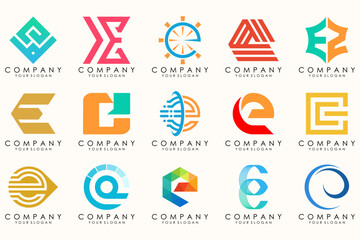 Abstract logos mega collection with letters E. Geometrical abstract logos