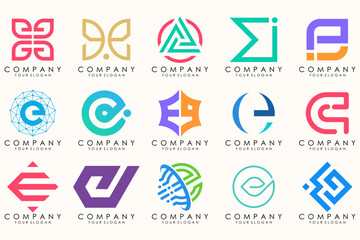 Abstract logos mega collection with letters E. Geometrical abstract logos
