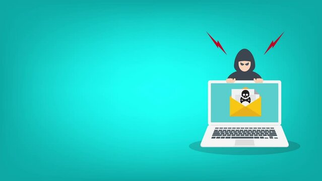 Hacker warning on laptop. Emergency alert of threat by hacker. Malware email with skull and crossbones. Hacking concept.	