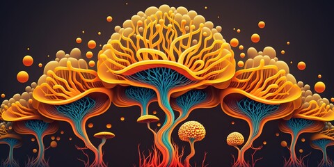 Vibrant abstract illustration of human nervous system made of mushrooms, concept of psychedelic drugs, Mushroom Network and Colorful Anatomy, created with Generative AI technology