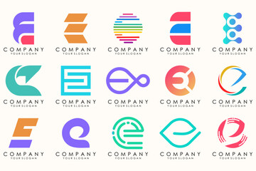Abstract logos mega collection with letters E. Geometrical abstract logos