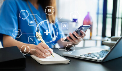 health care business graph data and growth, Medical examination and doctor analyzing medical report network connection on tablet screen. in hospital.