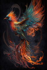 Obraz premium Colorful abstract bird of paradise on a black background. Image created with Generative AI technology.