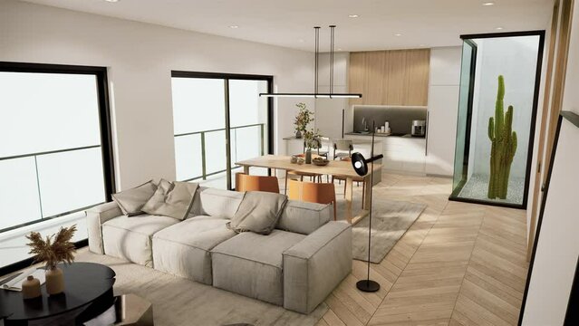 3D rendering animation interior design of modern apartment minimal room with furniture, video ultra HD 4K 3840x2160.