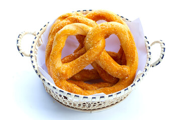 Soft pretzels on a white background.