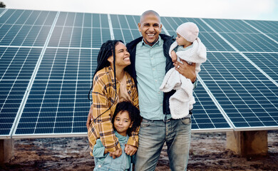 Black family, kids or solar energy with parents and daughter siblings on a farm together for...
