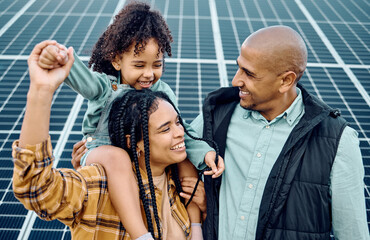 Plakat Black family, children or solar panel with a mother, father and daughter on a farm together for sustainability. Kids, love or electricity with man, woman and girl bonding outdoor for agriculture