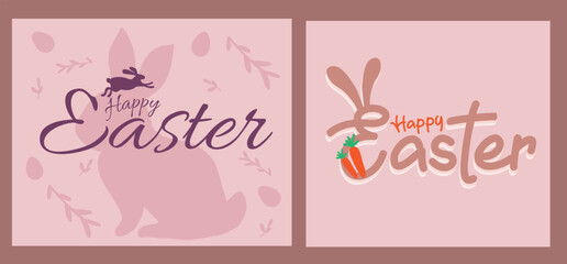 Fototapeta na wymiar Happy Easter banner, poster, greeting card. Trendy Easter design with typography, bunnies, flowers, eggs, bunny ears, in pastel colors. Modern minimal style