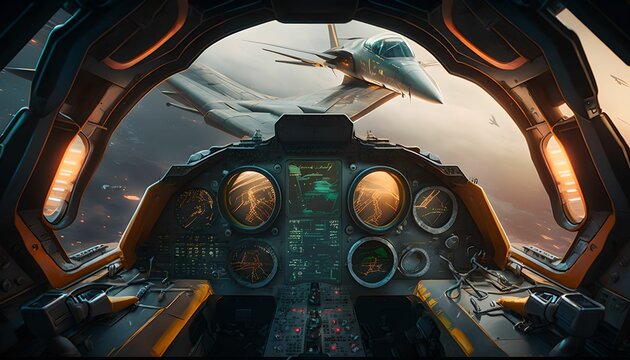 Combat aircraft view of the cookpit, generative ai