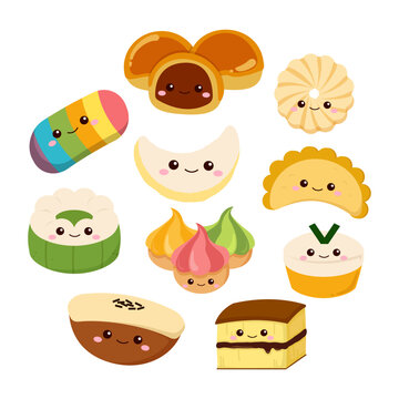 Traditional Indonesian street food cake collection. Flat vector cartoon design