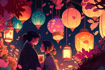 Valentine's Day. Tanabata Festival Celebrates.Generative AI - obrazy, fototapety, plakaty