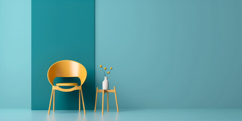 Minimalist Chair and Flower Vase on Plain Blue Background - Open for Text Space with Generative AI