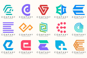 Abstract logos mega collection with letters E. Geometrical abstract logos