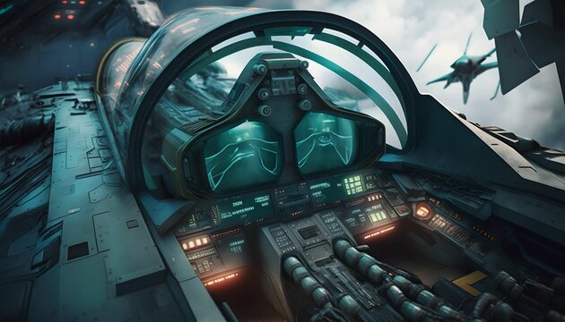 Combat aircraft view of the cookpit, generative ai
