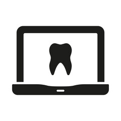 Tooth Health Diagnosis in Laptop Sign. Online Dentistry Silhouette Icon. Dental Care Virtual Consultation Glyph Pictogram. Remote Dentist Help Symbol. Isolated Vector Illustration