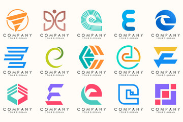 Abstract logos mega collection with letters E. Geometrical abstract logos