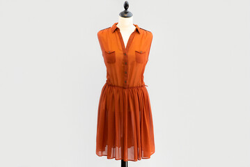 A transparent orange shirtdress dress with buttons hangs on a headless mannequin. isolated by a...