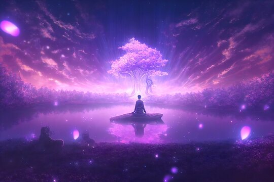person meditating in a natural setting, with a beautiful violet light illuminating the scene and creating a serene, spiritual atmosphere (AI Generated)