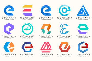 Abstract logos mega collection with letters E. Geometrical abstract logos