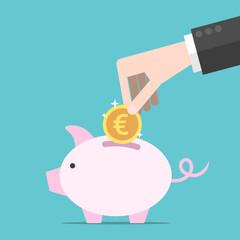 Hand putting euro coin in piggy bank. Savings, investment, economy, finance, budget and money concept. Flat design. EPS 8 vector illustration, no transparency, no gradients