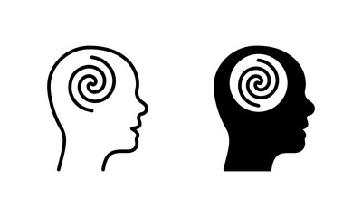 Hypnosis Psychology Silhouette and Line Icon Set. Mind Spiral Round Pictogram. Creative Brain Imagination Wellness Icon. Mental Swirl Chaos in Man Head. Editable Stroke. Isolated Vector Illustration