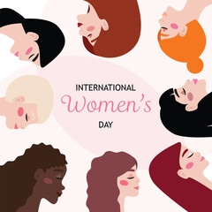International womens day illustration with diverse female faces.