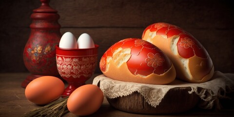 Red eggs with delicious bread for Easter. Generative AI