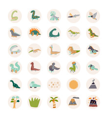 boho set with simple drawn dinosaurs, flower, volkano,   palm