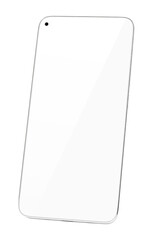 Front view of modern white smartphone with empty screen isolated on transparent background.