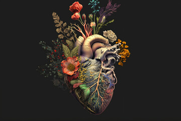 Human heart with flowers, love and emotion concept, good hearted person, help and charity