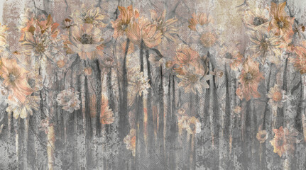 Vintage flowers, art drawing as a textural canvas, photo wallpaper in the interior