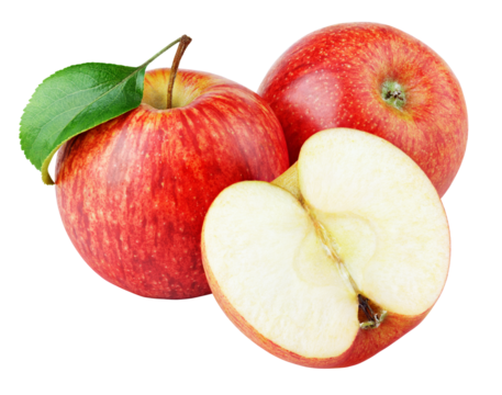 Ripe red apple fruit with apple half without seeds and apple leaf isolated on transparent background. Red apples and leaf
