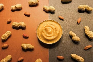 Overhead shot of a jar of peanut butter on a bicolor background with randomly arranged whole...