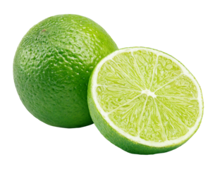 Whole green lime citrus fruit with lime half isolated on transparent background.