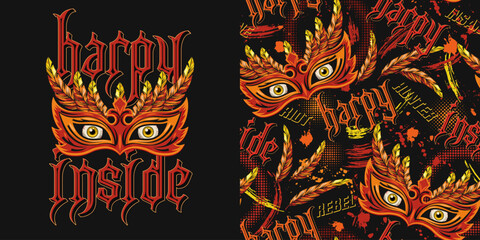 Set of label, pattern with scary masquerade mask, feathers, yellow eyes behind, text Harpy inside. Concept of rebellious character, inner strenght For prints, tattoo, clothing, t shirt, surface design