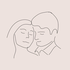 Man and woman love line art vector illustration. Couple kissing and hugging line drawing. Minimalism print