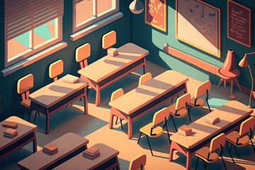 Classroom with rows of desks chairs windows, Empty class room, no school no student, only online learning, Distance Learning Online Education home School , wooden chairs. Back to school concept