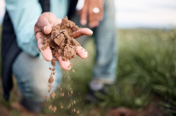 Farmer, hands or checking soil in farming field, agriculture land or countryside sustainability in...