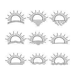 

set of hand drawn Sun icon, line art sun vector, summer Sunrise Sunset sun, sunshine sun logo, Boho sunrise logo,Morning sunlight,design elements for sticker,t-shirt tattoo