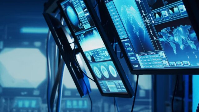 Futuristic spaceship control panel interface. Spacecraft digital dashboard background with indicators and tools. The concept of space exploration and science.
