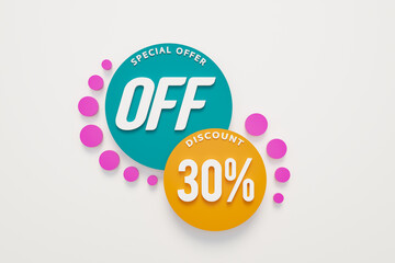 30% off, shopping event. Sale, promotion, thirty percent discount,marketing and special offer sign. Retail, online store and shopping activity to safe money. 3D illustration
