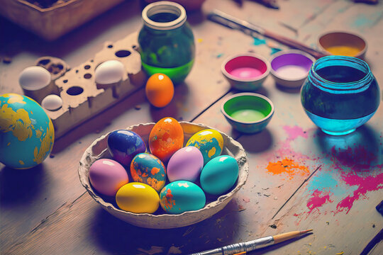 Painted Easter eggs, color pencils and paint on the pable - Generative AI